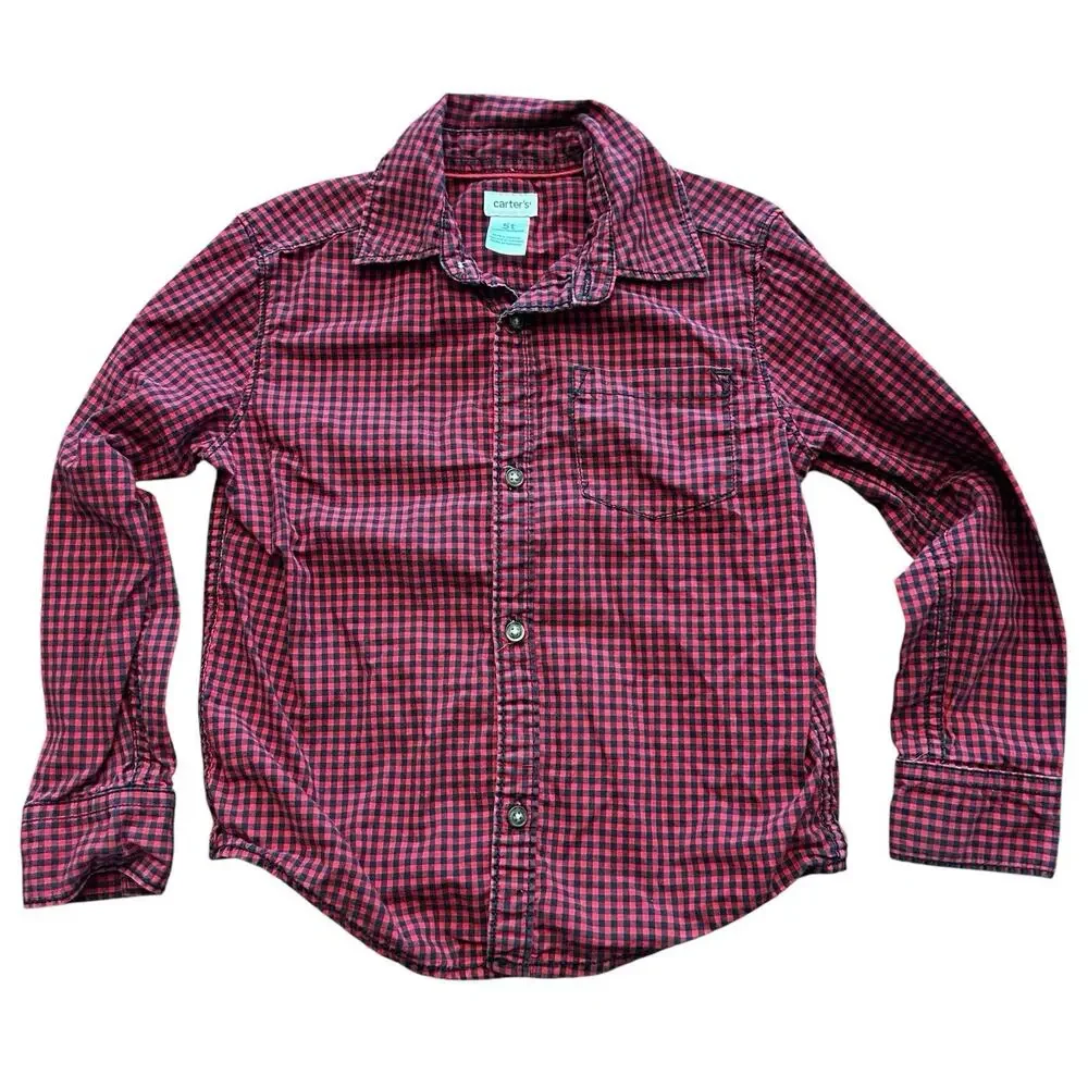 Carters Boys Shirt 5T Red & Black Plaid Longsleeve Button Down School Church (2)